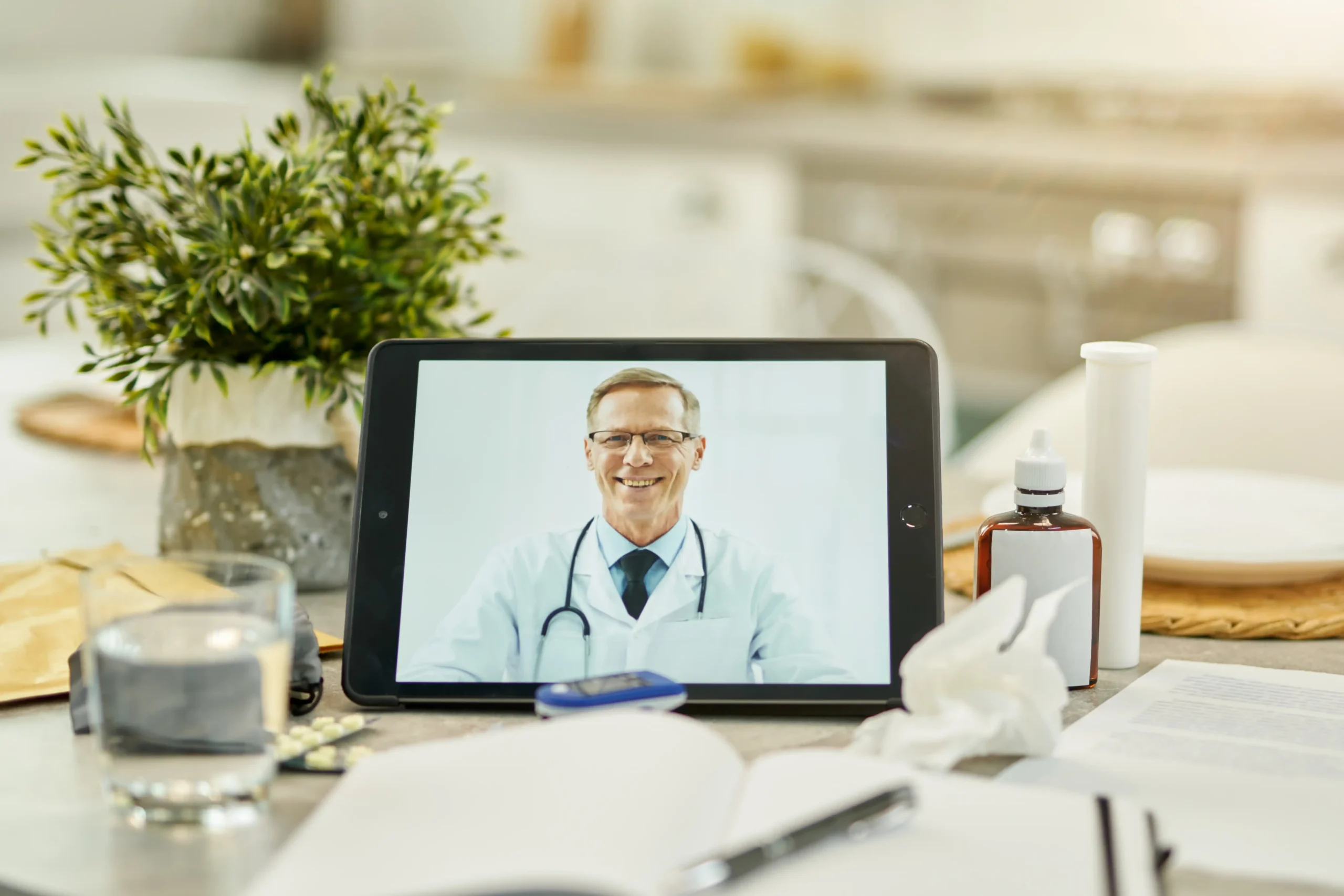 A man speaking with a doctor on a video call using a tablet at home