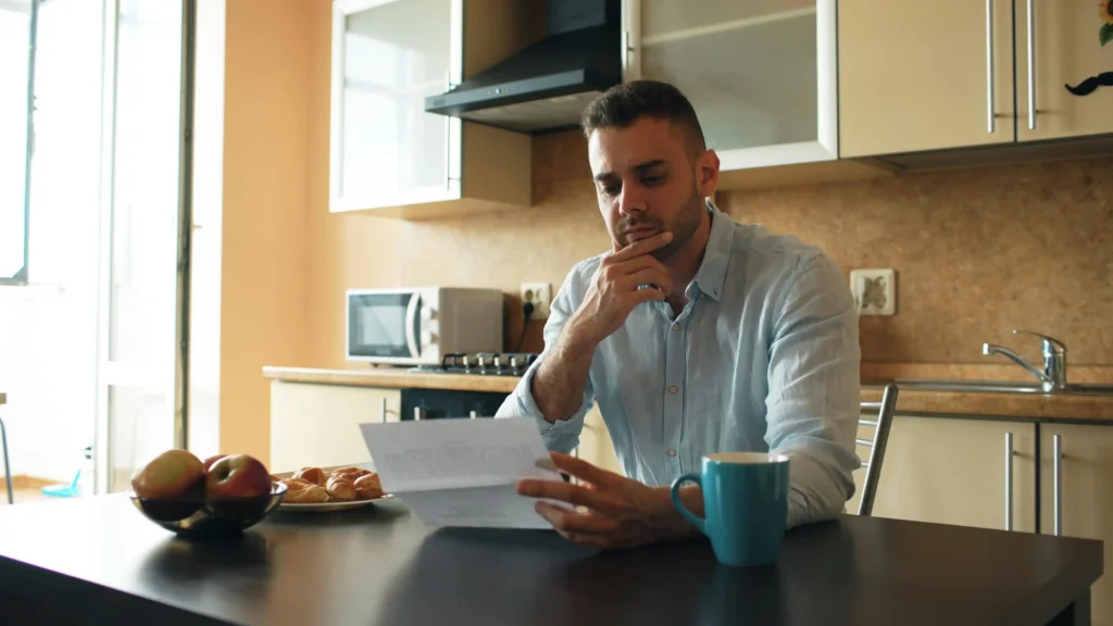 Man in his late thirties reviewing lab results at a kitchen table, illustrating the decision between enclomiphene vs TRT for low testosterone treatment.