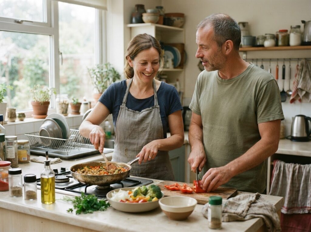 A man and a woman in their forties making dinner together in a home kitchen