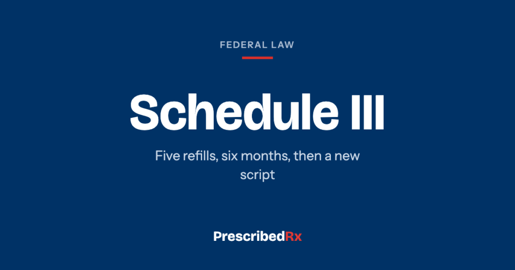Navy card reading Schedule three, with five refills over six months before a new prescription.