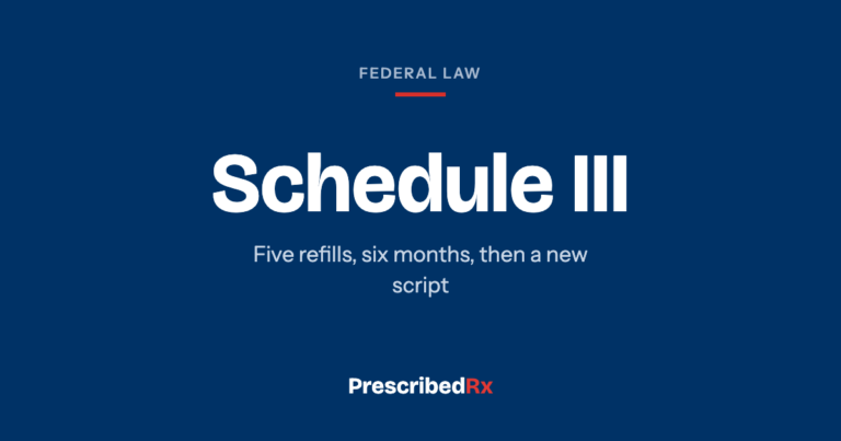 Navy card reading Schedule three, with five refills over six months before a new prescription.