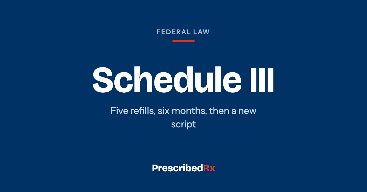 Navy card reading Schedule three, with five refills over six months before a new prescription.