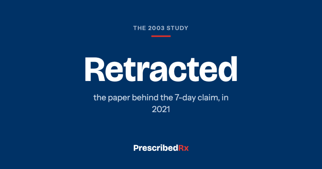 Navy card reading Retracted, referring to the 2003 study behind the seven-day claim.