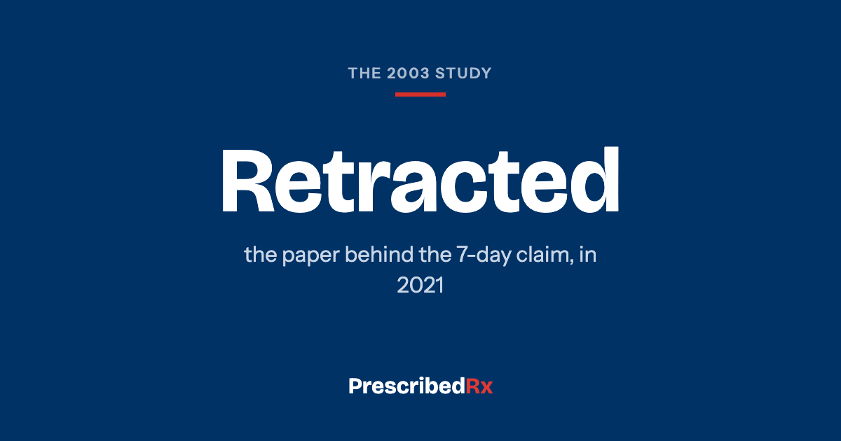 Navy card reading Retracted, referring to the 2003 study behind the seven-day claim.