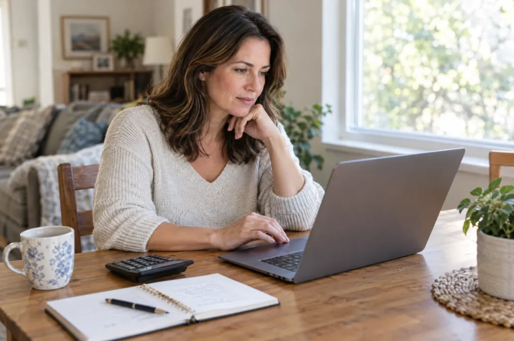 A woman in her 40s comparing prices on a laptop at a dining table with a calculator and notebook.