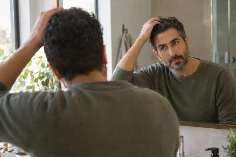 A man in his 40s seen from behind in a bathroom mirror reflection, hand running through his hair.