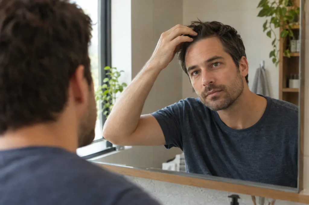 A man in his 30s looking in a bathroom mirror, lightly touching his hairline, neutral expression.