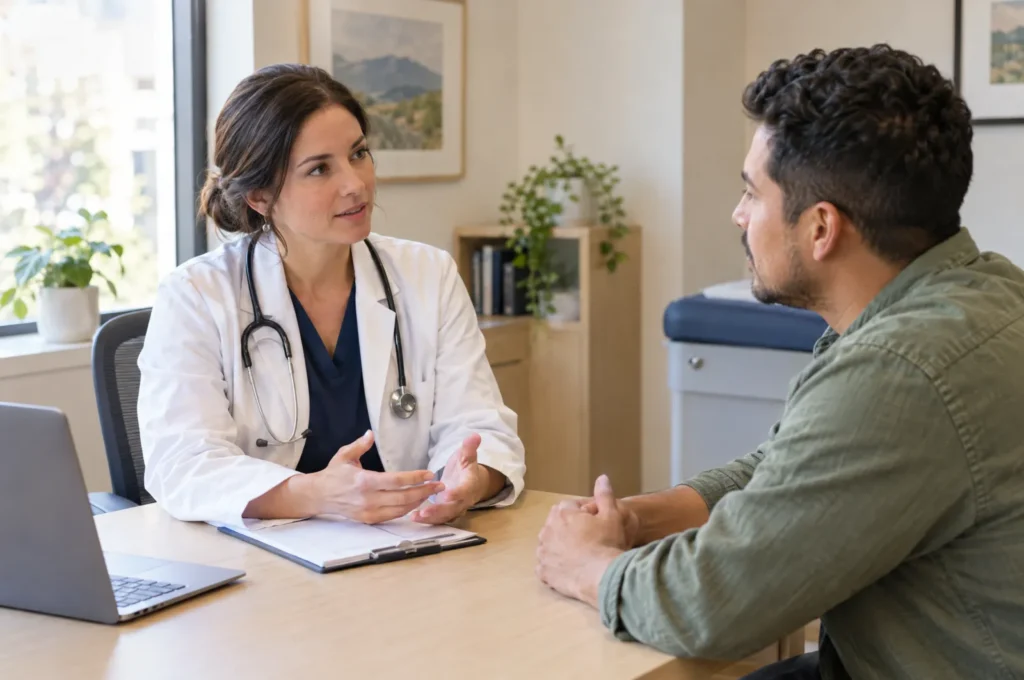 A doctor and a male patient in his 30s discussing options at a desk, clinic office.