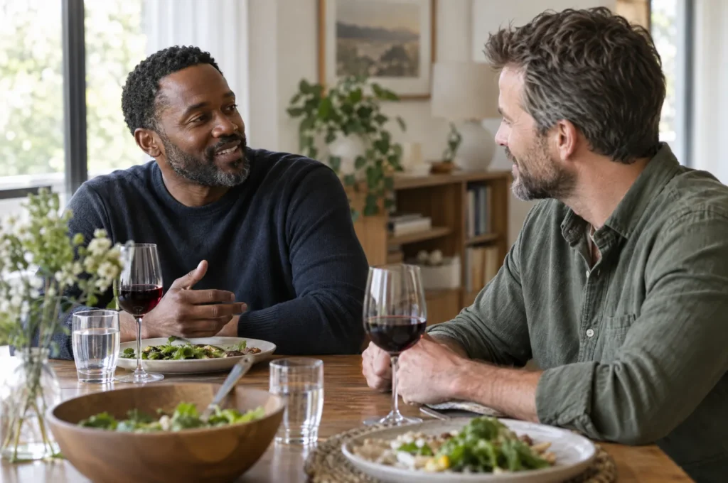 Two men in their 40s at a dinner table with glasses of water and wine, relaxed conversation.