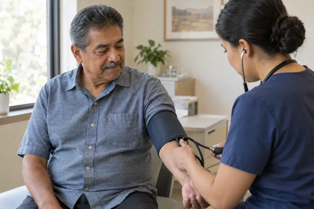 An older man having his blood pressure measured with a cuff by a nurse in a clinic.