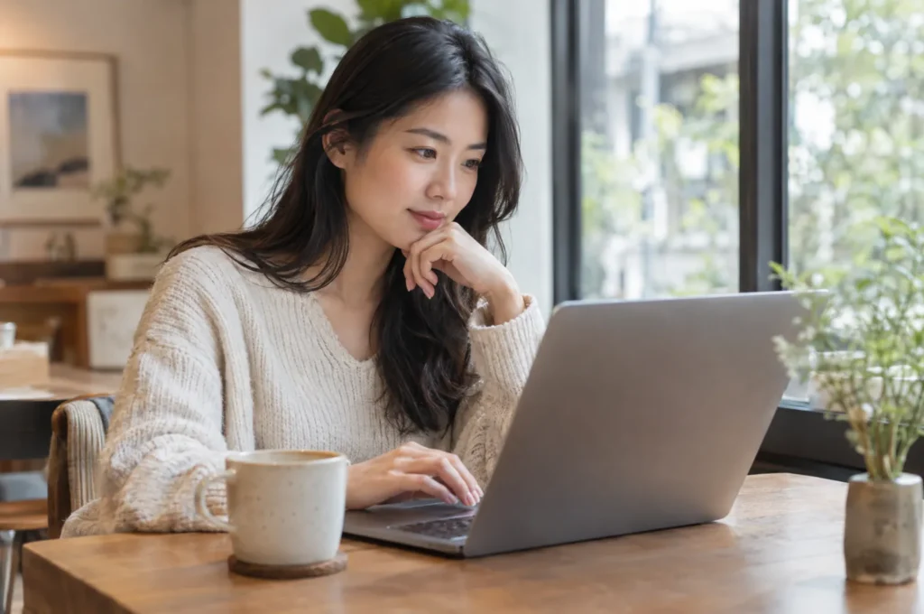 A woman in her 30s at a cafe table scrolling a website on a laptop, considering.