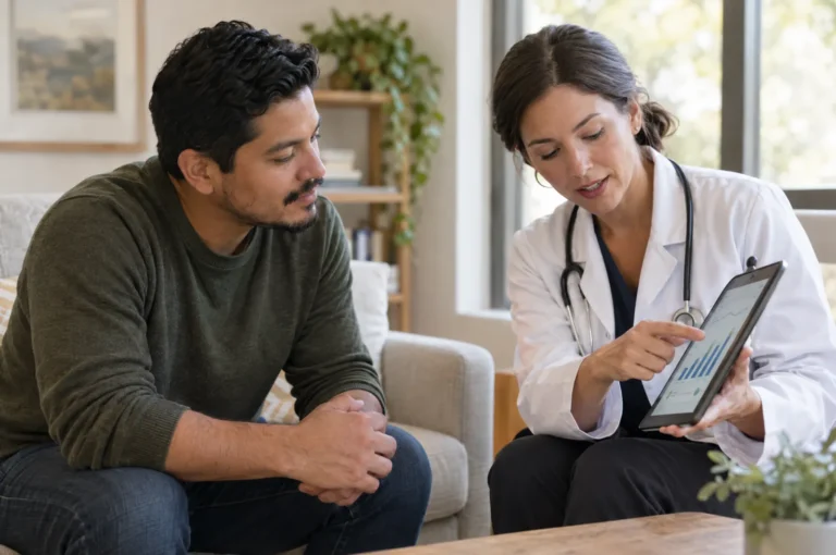 A man in his 30s talking with a doctor who points at a chart on a tablet.