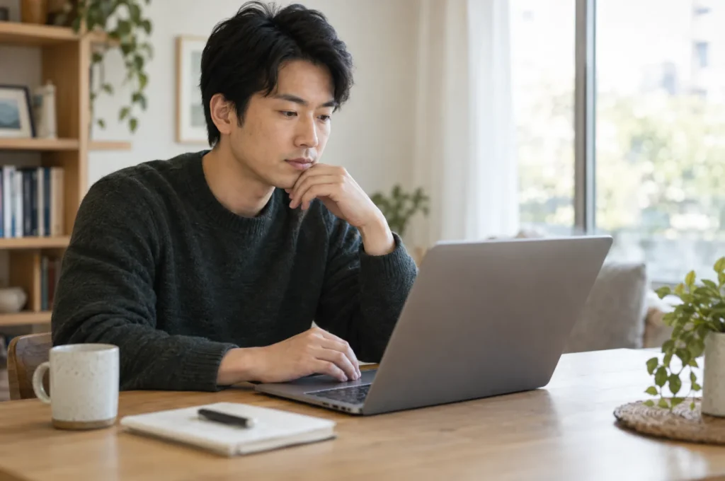 A man in his 30s at a desk looking at lab results on a laptop, neutral expression.