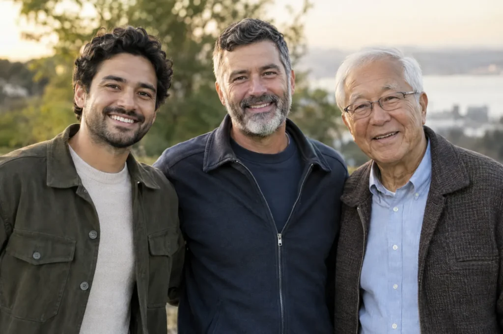 Three men of different ages, 30s, 50s and 70s, standing together outdoors smiling, natural group portrait.