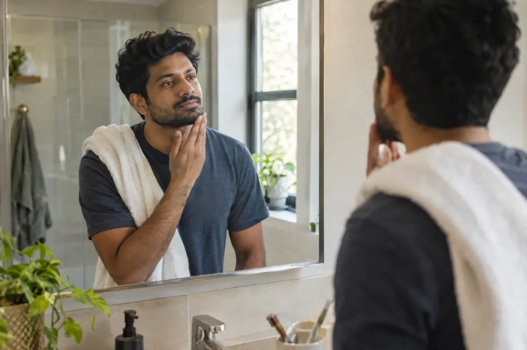 A man in his 30s in a bathroom morning routine, towel on shoulder, looking in mirror.