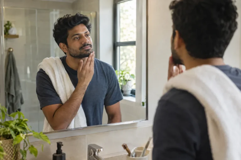 A man in his 30s in a bathroom morning routine, towel on shoulder, looking in mirror.