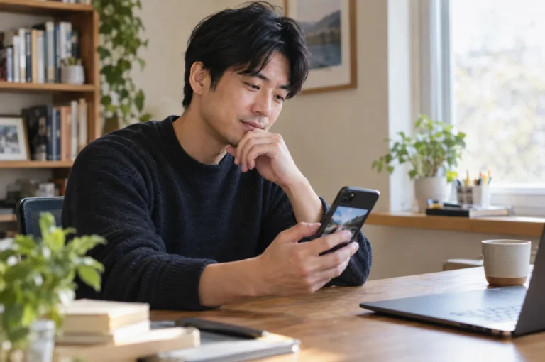 A man in his 30s at a desk looking at photos on a phone, thoughtful, home office.