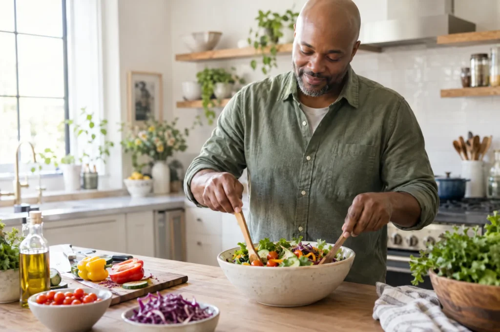 A man in his 40s preparing a colorful vegetable salad in a bright kitchen.