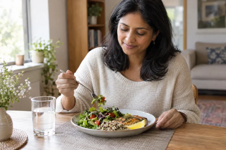 A woman in her 40s eating a small balanced meal at a table, salad and grilled fish, natural light.