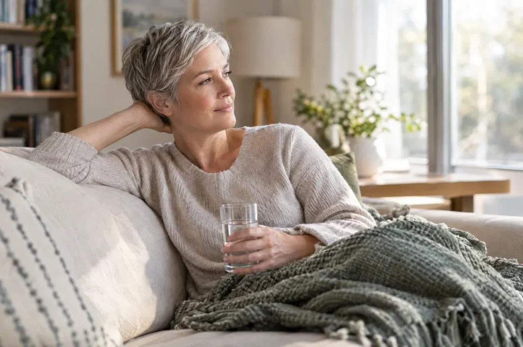 A woman in her 40s resting on a couch with a blanket and a glass of water, calm afternoon light.