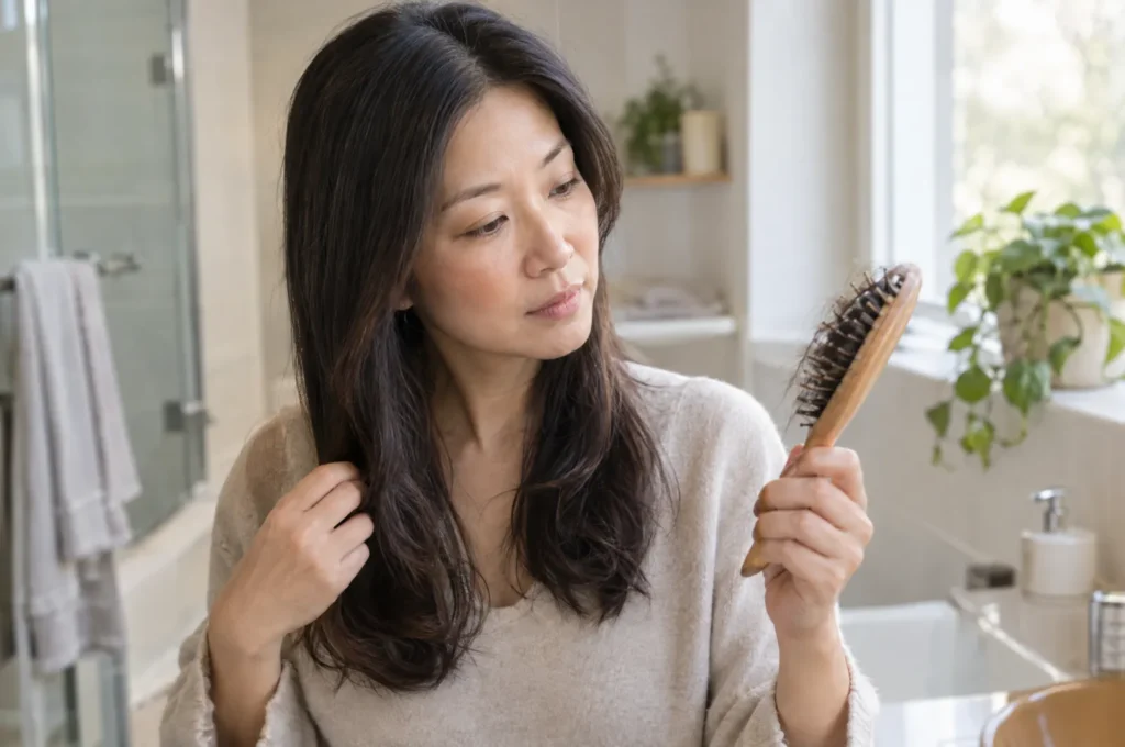 A woman in her 40s brushing her hair in a bathroom, looking at the brush, neutral expression.