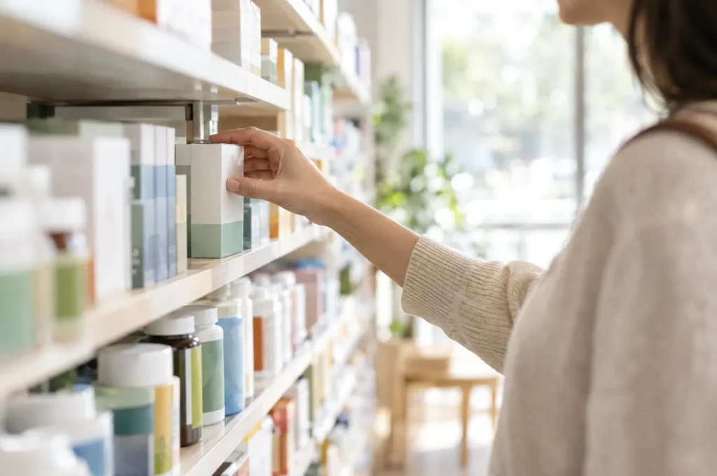 Supplement shelves in a pharmacy aisle, softly out of focus, a shopper's hand reaching for a box.