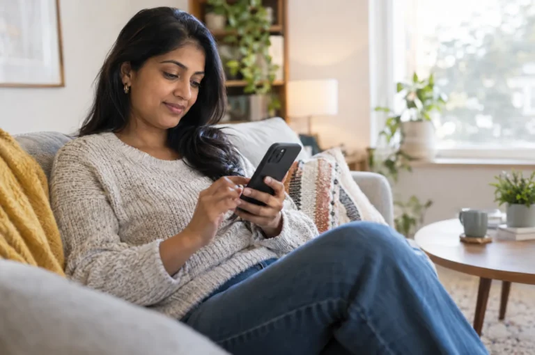 A woman in her 30s on a sofa using a phone app, casual home setting.