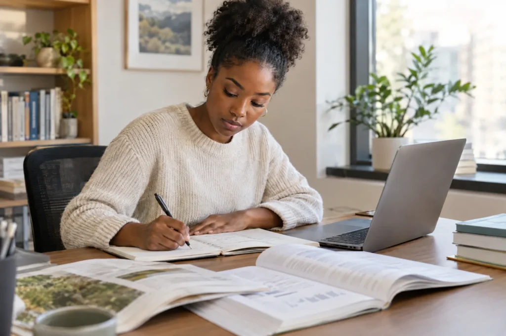 A researcher at a desk with several open documents and a laptop, taking notes, focused.