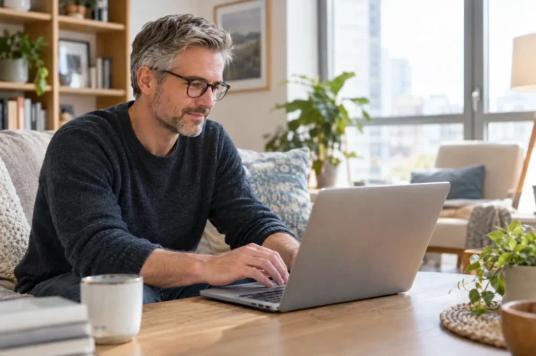 A man in his 30s using his laptop in a bright apartment, looking at a website.