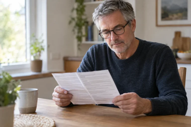 A man in his 50s reading printed medication information at a kitchen table with glasses.
