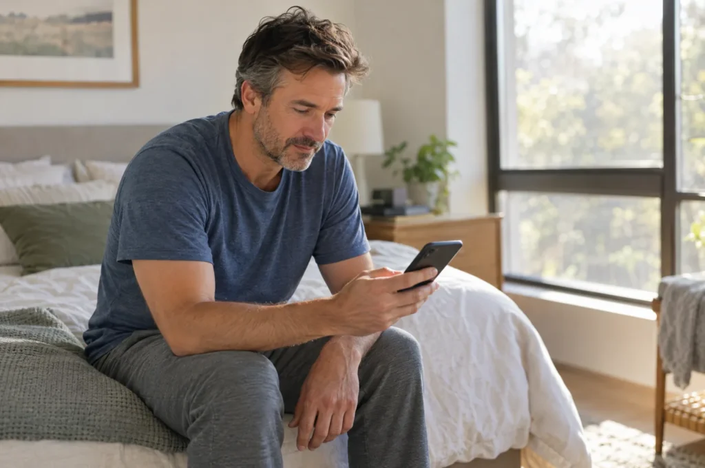 A man in his 40s sitting on the edge of a bed reading on his phone, morning light.
