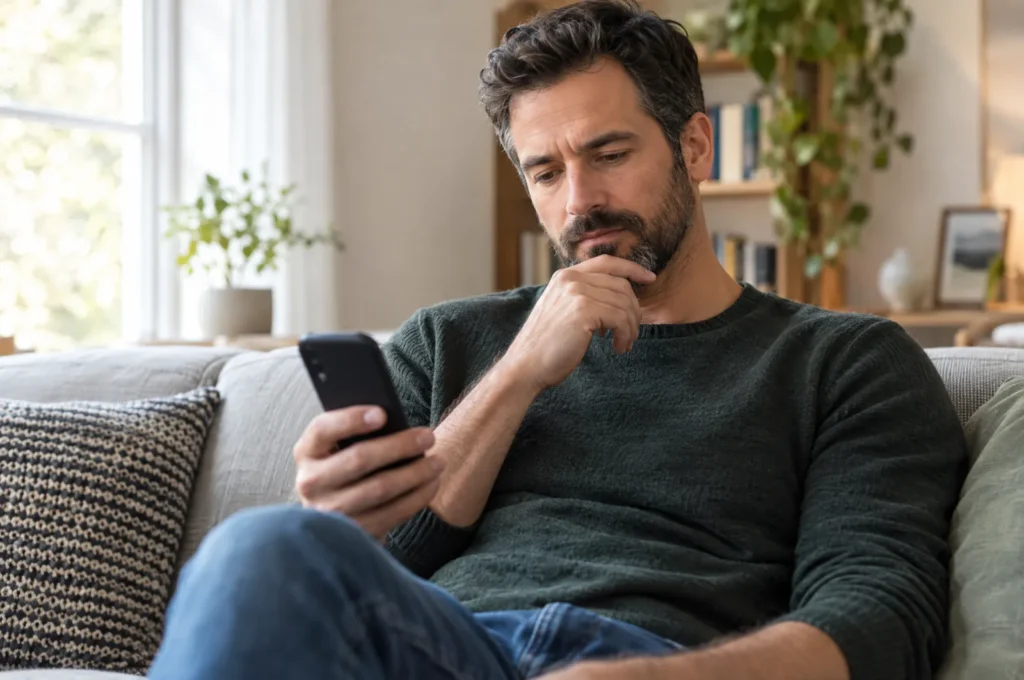 A man in his 40s on a sofa reading online reviews on his phone, thoughtful.