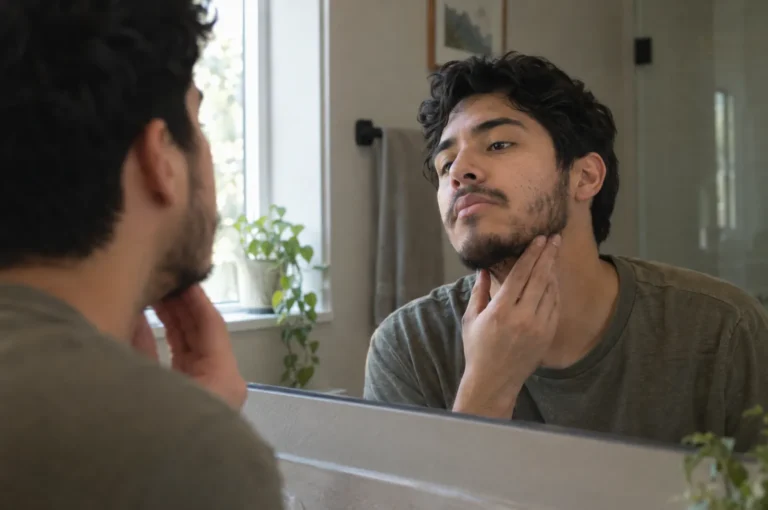 A man in his 20s examining his patchy beard in a bathroom mirror, neutral expression.