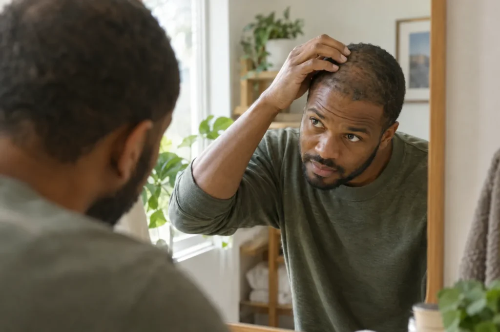 A man in his 30s checking his hair in a mirror, morning routine, calm.
