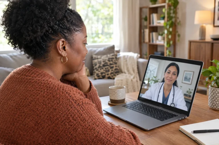 A woman in her 40s on a video call with a clinician on a laptop at home.
