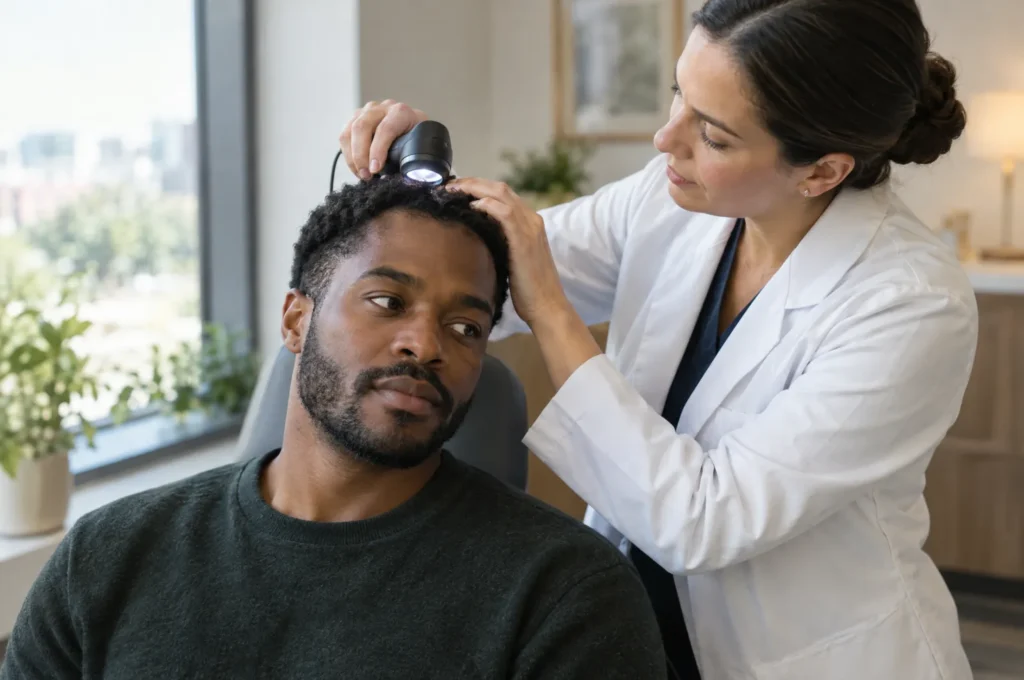 A man in his 30s seated with a dermatologist examining his scalp in a clinic.
