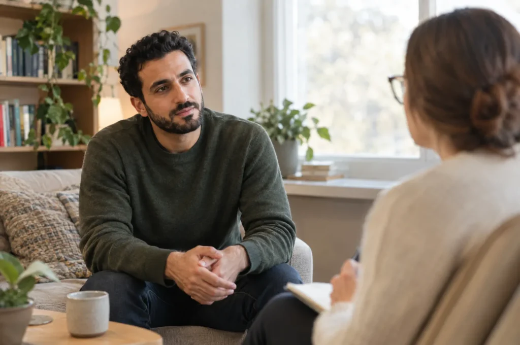 A man in his 30s in a calm conversation with a therapist in a softly lit office.