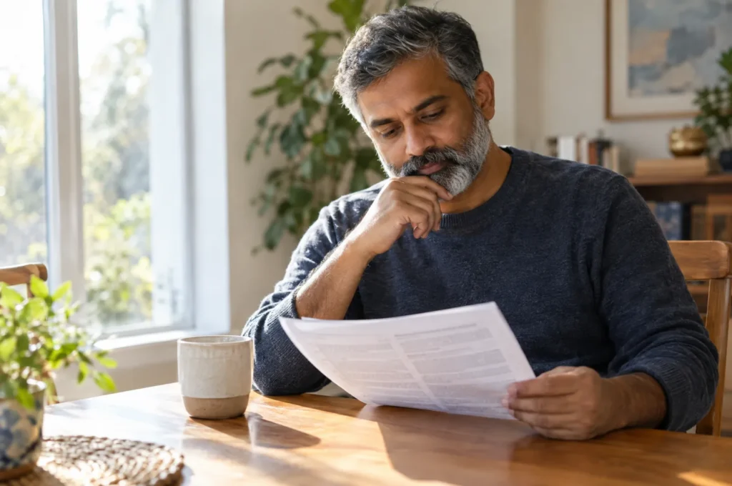 A man with a gray beard reading a printed research article at a dining table