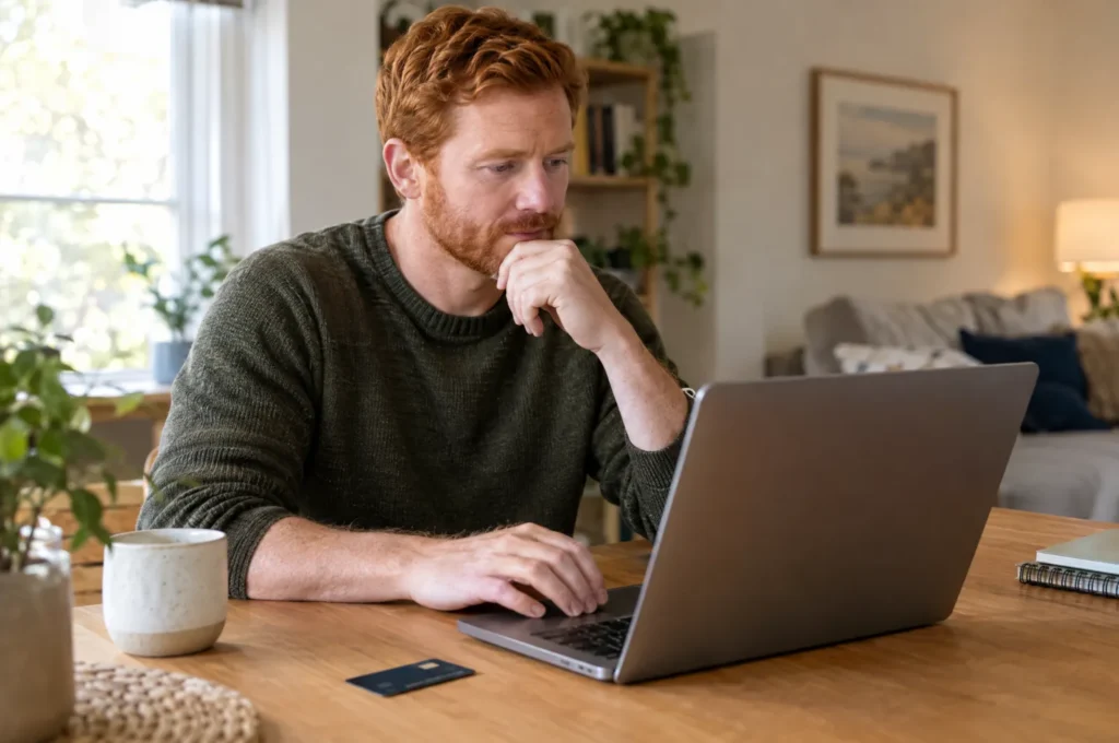 A man in his 40s paying bills on a laptop at home, credit card on the table, thoughtful.