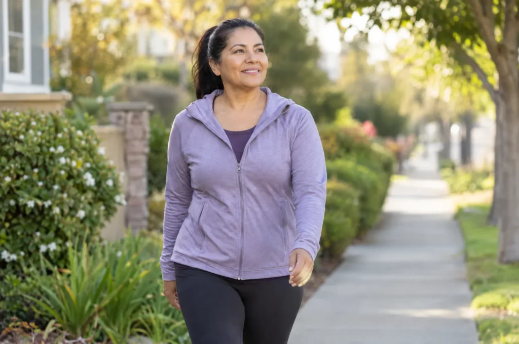 A woman in her 50s walking on a neighborhood path, comfortable athletic clothes, morning.