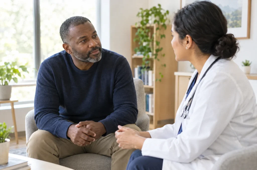 A middle-aged man talking with a doctor in a bright consultation room, both seated, attentive.