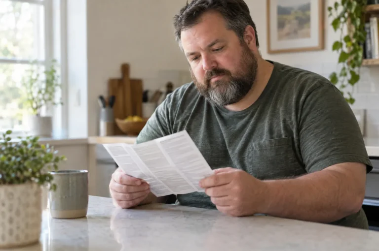 A middle-aged man reading a medication leaflet at a kitchen counter.