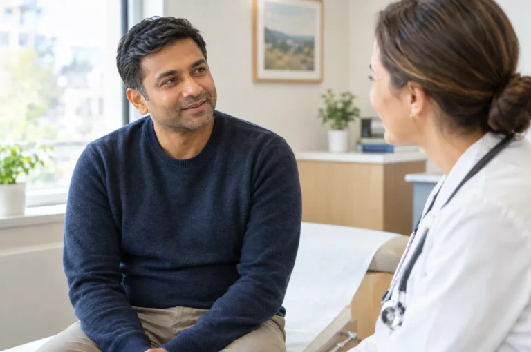A man in his 40s talking with a doctor in a bright clinic office, both smiling slightly.