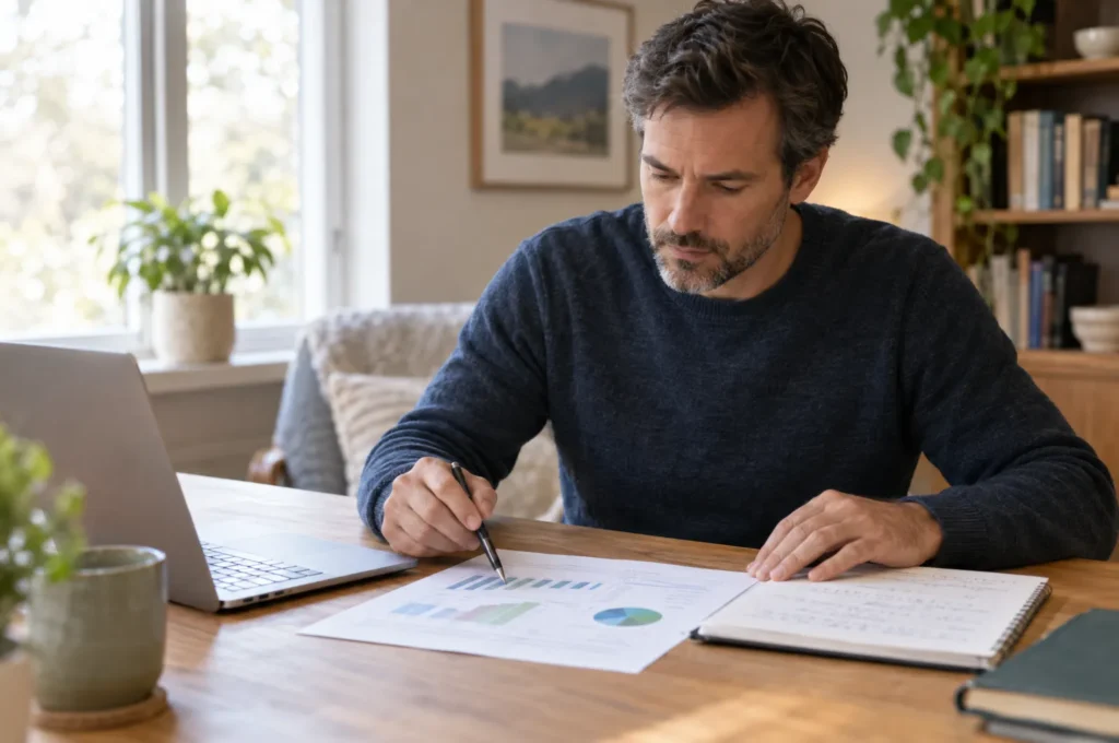 A man in his 40s at a desk reviewing a printed chart and notes with a pen, laptop nearby, focused.