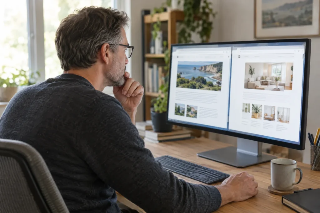 A man in his 50s at a home office desk comparing two browser windows on a monitor.